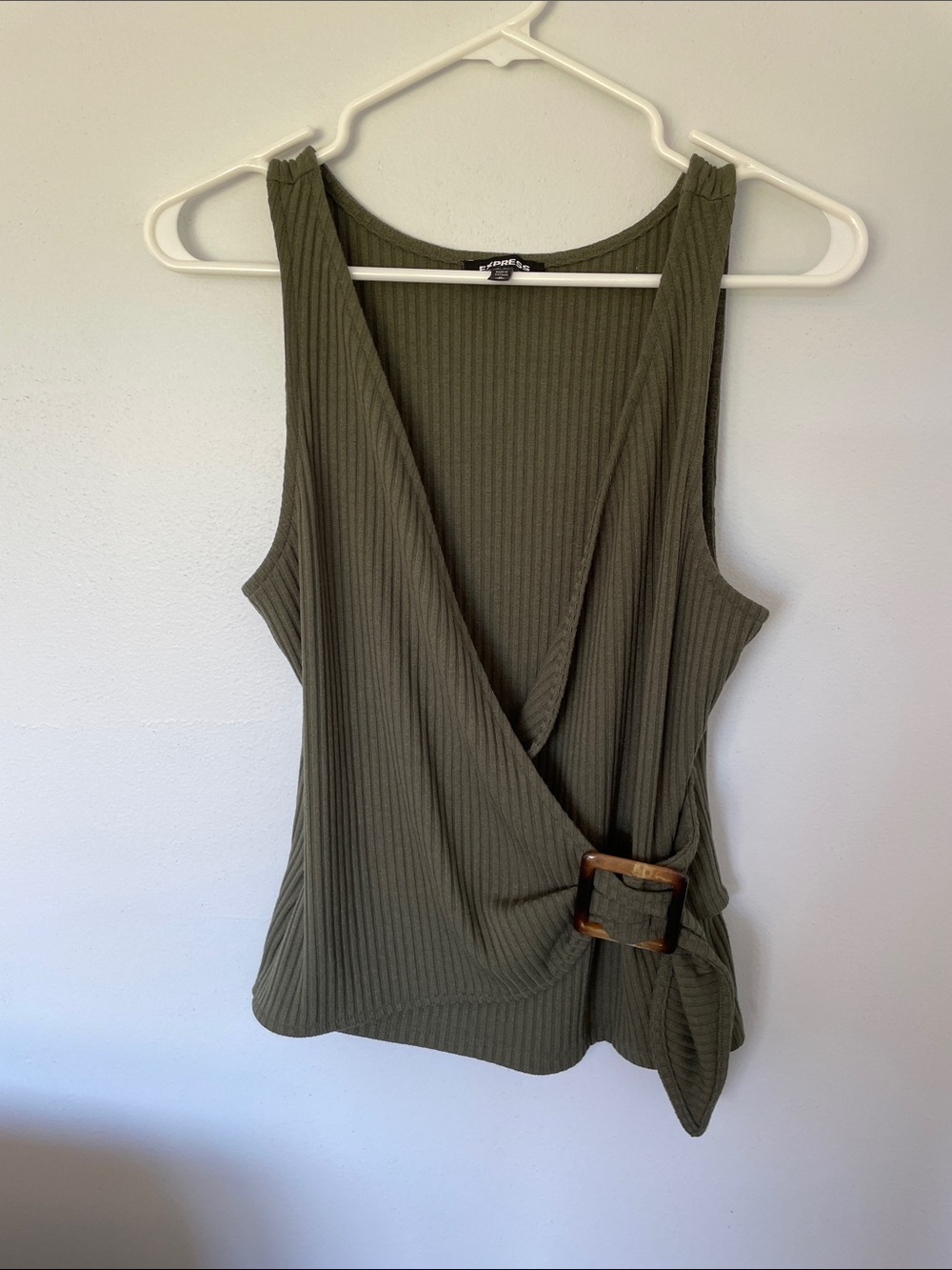 Express Olive Ribbed Wrap Tank with Buckle Detail